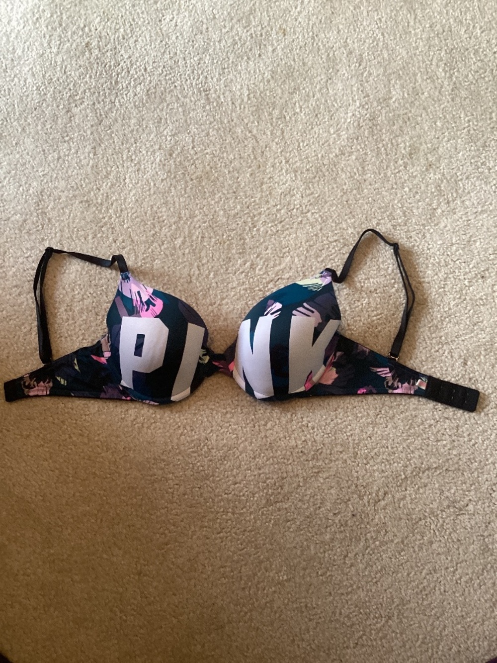 Victoria’s Secret Pink Wear Everywhere Teal Purple Floral White Logo T-Shirt Bra